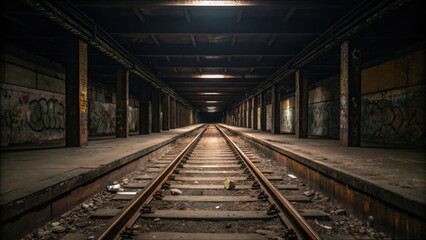 Fototapeta premium Gritty Subway Platform with Dark Blackout and Graffiti Walls