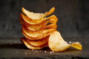 Stacked Potato Chips on Dark Surface