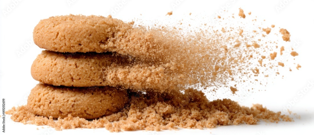 Poster stack of three cookies with crumbles exploding in midair on white background high angle studio shot