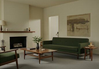Fototapeta premium Stylish Mid-Century Modern Living Room Interior Design Sofa, Coffee Table, Fireplace, Art, Decor.