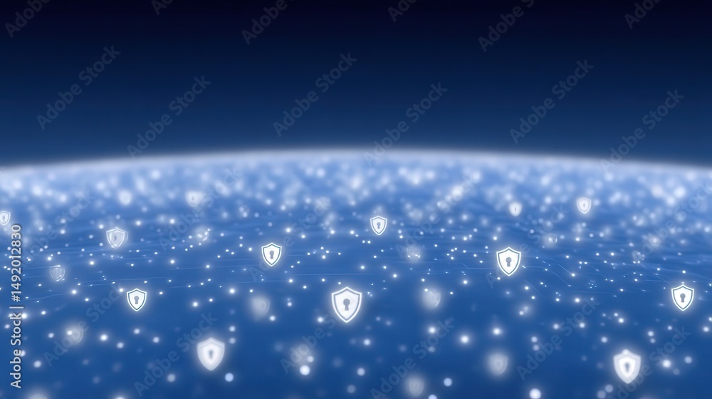Poster digital landscape filled with glowing lock icons representing cybersecurity and data protection in t