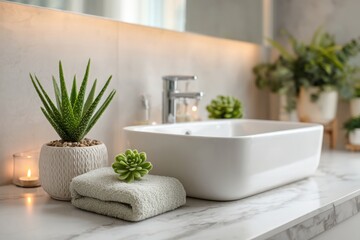 Minimalist Bathroom with Aloe Vera and Eucalyptus on Marble Countertop - AI Generated