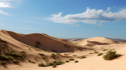 A desert landscape with a few bushes and a few sand dunes