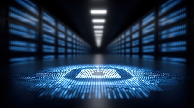Digital security concept visualized in a modern data center with glowing binary code pattern and lock symbol reflecting technological advancements in data protection