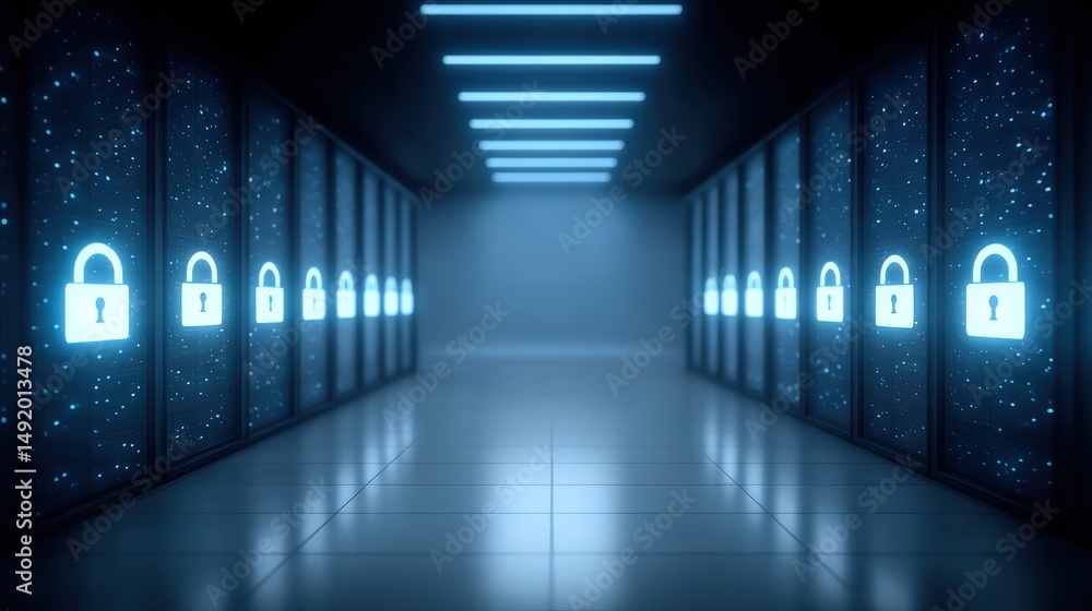 Poster high-tech data center corridor showcasing illuminated digital locks emphasizing cybersecurity innova