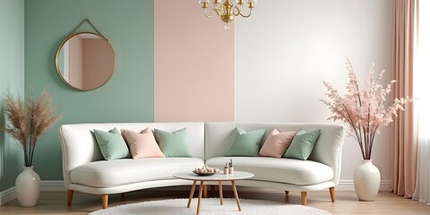 Pastel living room, mint, pink, white, gentle, airy, cheerful.