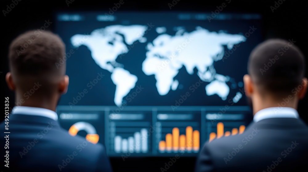 Poster business professionals analyzing global market trends on a digital screen showcasing analytics data 