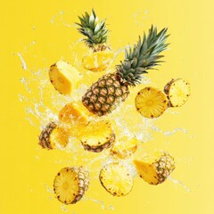 Pineapple Explosion Studio Shot on Yellow Backdrop Fresh Fruit Slices and Whole Tropical Food with Splash of Water