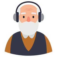 old man wearing headphone music flat color vector illustration template design