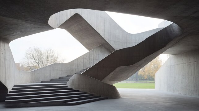 Modern concrete stairs in a spacious, open-air architectural structure.  Sunlight streams through the unique design