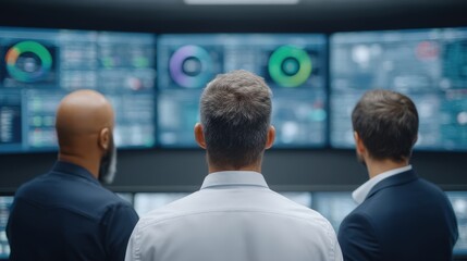 Business professionals analyzing data dashboards in a high-tech control room to make informed decisions showcasing modern analytics tools and collaborative strategy insights