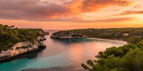 Obraz premium Breathtaking Panorama of Cala Macarelleta Bay in Menorca at Sunset