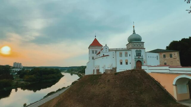 View of the Old Castle on a hill above the Neman River in Grodno. Fortress walls, churches, and a palace. A complex of defensive, religious, and secular structures. Belarus. 4К