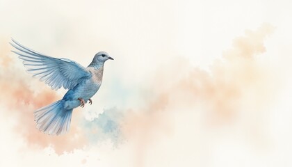 Fototapeta premium Soaring blue bird with outstretched wings against a soft, pastel background. 