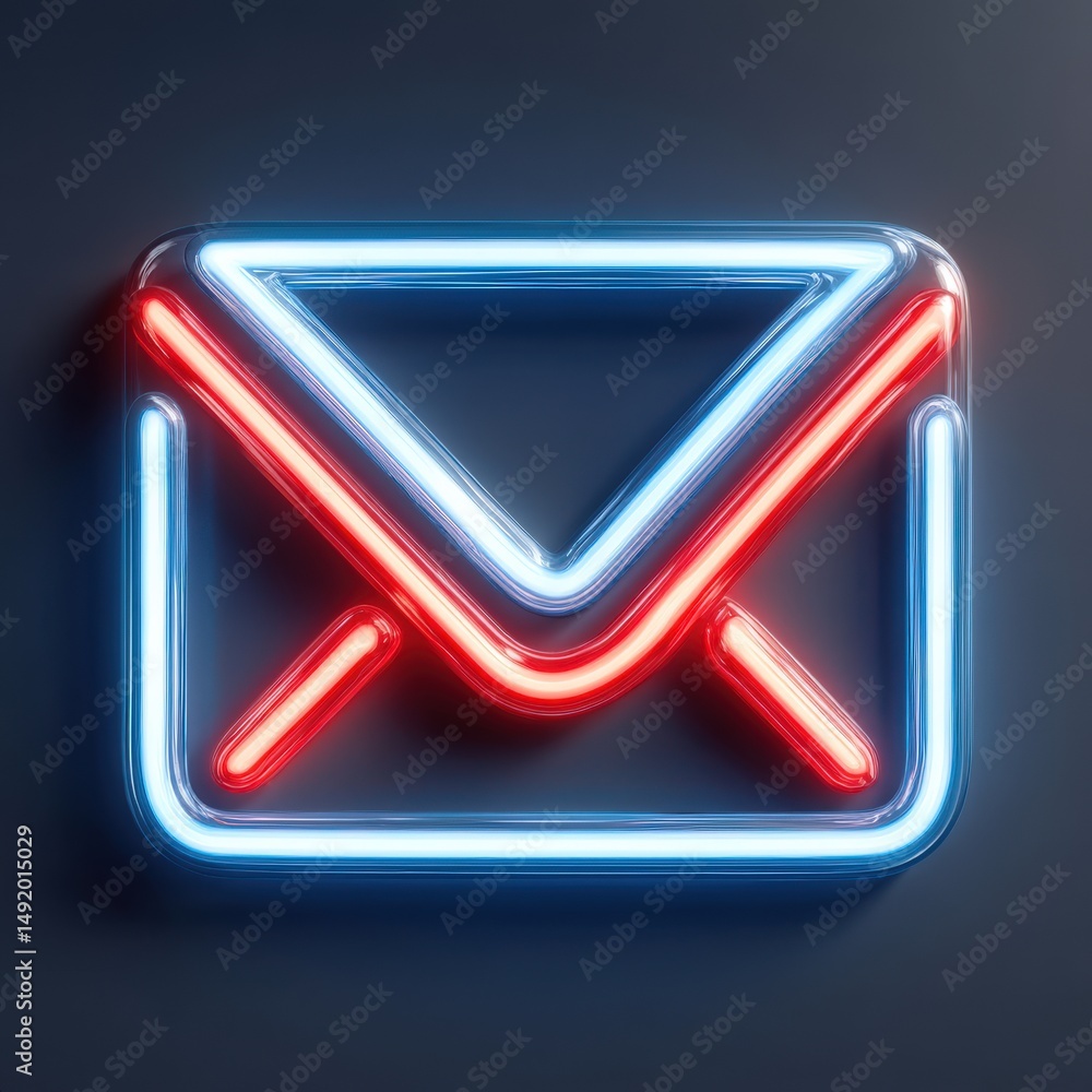 Poster neon envelope symbol glowing brightly in blue and red neon light against a dark background represent
