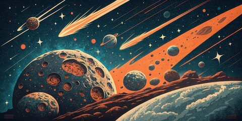 Futuristic asteroid day themed poster featuring retro sci-fi elements with vibrant dark blue and orange tones