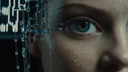 Close up of a woman's face with a blue eye and a futuristic technology interface overlayed on her face