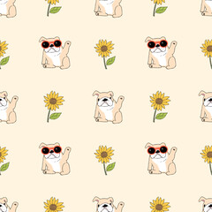 Seamless Pattern with Cartoon Bulldog and Sunflower Design on Light Yellow Background. Hand Drawn Vector Illustration.