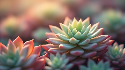 Fototapeta premium Closeup Succulent Plants Golden Hour Sunlight