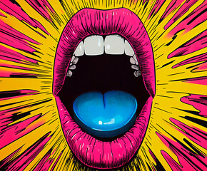 A striking pop art illustration of an open mouth with vibrant pink lips and a blue pill on the tongue, surrounded by a dynamic yellow and pink explosion, symbolizing modern culture and consumerism.