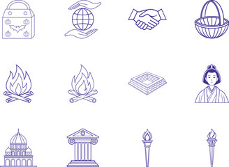 Diverse line icons showing Halloween bag, globe, campfire, handshake, and historical symbols