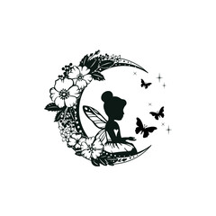 Silhouette of a fairy with flowers and moon. Vector illustration isolated on white background.