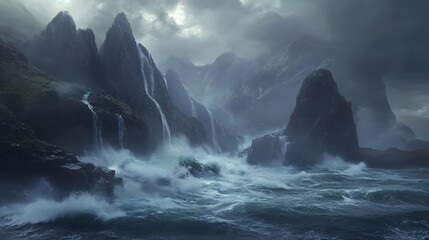 Waves crashing dramatically against rocky cliffs