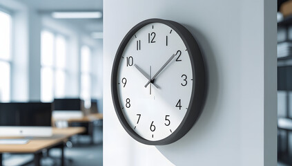 Modern Wall Clock on White Wall with Blurred Office Background – Minimalist Time Concept