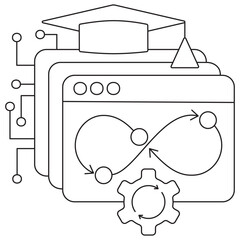 Icon of AI continuous learning and MLOps process with layered screens, infinity loop diagram, gear, and academic cap. Vector pictogram with thin black lines on a transparent, editable line thickness