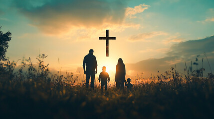 Silhouette, family and Christian cross for praying, religion and funeral social gathering