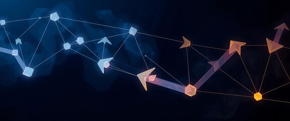 Obraz premium Abstract arrow network connecting polygons, smoky cloud effect on dark blue background, smoke, technology background