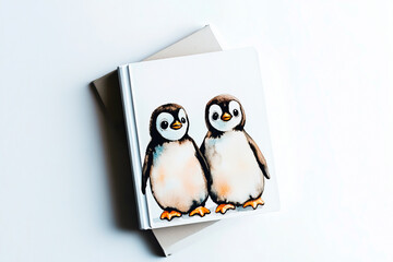 A hardcover notebook with a watercolor illustration of two adorable baby penguins on the cover, placed on a white surface with another book underneath.