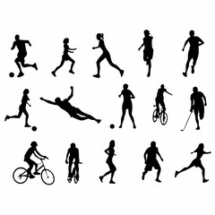 Black vector silhouettes of sport people in action show men and woman running and playing with a ball in football, basketball, and tennis competitions