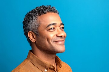 Obraz premium A trendy and radiant male showcasing style. A modern and graceful man smiling naturally. An artistic and modern man captured in a studio. A glowing man radiating happiness and confidence.