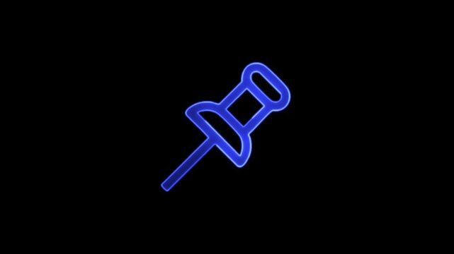 Blue Neon Push Pin Icon Animation on Black Background.