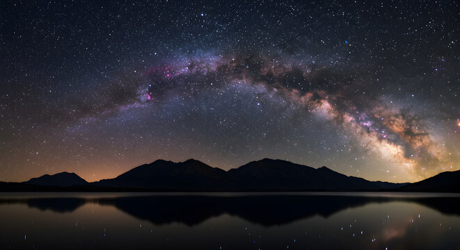 Majestic Milky Way Galaxy Arching Over Serene Lake and Mountains