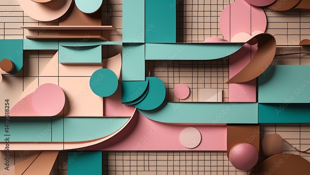 Poster abstract geometric composition with 3d shapes in pastel colors and gridded background
