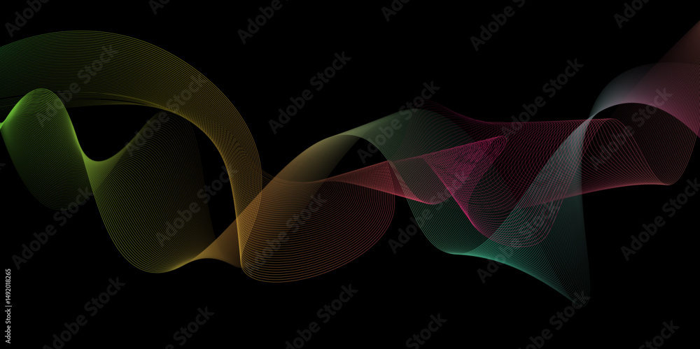 Poster abstract curved geometric wave line on black background. modern multicolor gradient flowing wave lin