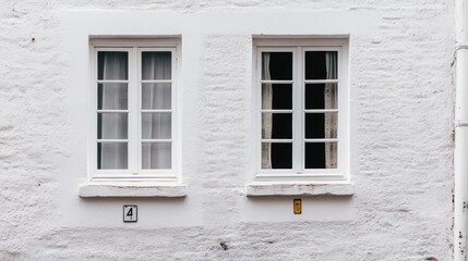 Fototapeta premium Two white windows on a white brick wall, one with curtains, one without.