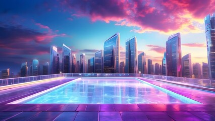 A glowing rooftop ice rink on a radiant skyscraper with vibrant holographic designs, Cinematic theme, HDR, Vibrant