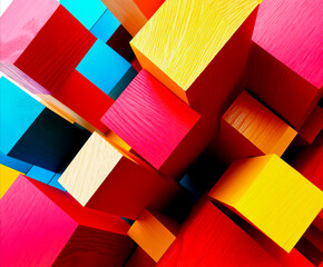 A close-up abstract composition of multicolored wooden cubes arranged in a geometric pattern. The bold red, yellow, pink, and blue hues contrast sharply, creating depth, perspective.