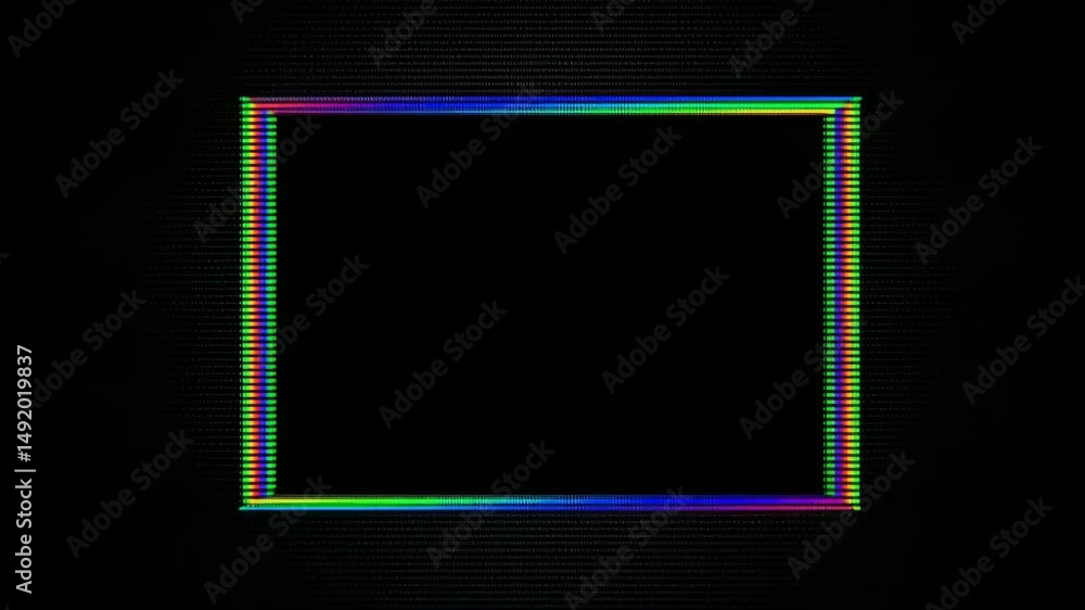Poster glowing rectangular frame with vibrant rainbow colors against dark background creates striking contr