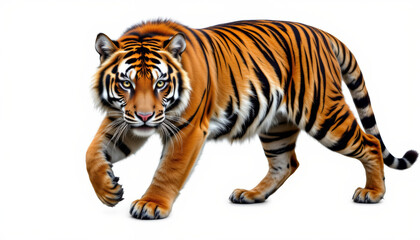 Obraz premium Majestic tiger walking gracefully, showcasing its vibrant orange and black stripes against white background. This powerful
