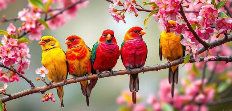 A cheerful flock of vibrant birds perched on a blossoming tree branch, spring, perched