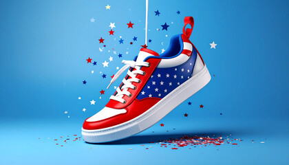 usa independence day sneaker with confetti and streamers on blue background