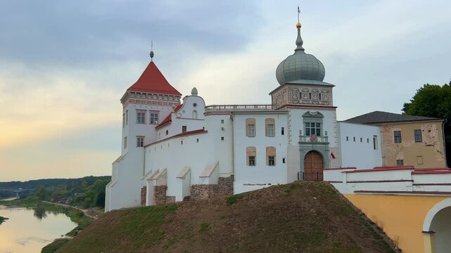 View of the Old Castle on a hill above the Neman River in Grodno. Fortress walls, churches, and a palace. A complex of defensive, religious, and secular structures. Belarus. 4К