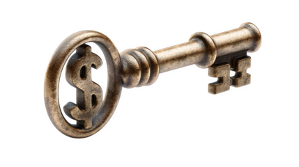 A single key with a dollar sign, unlocking a small business door, isolated on Transparent Background