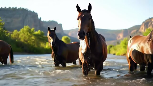 Horses Crossing a River: Majestic and Untamed