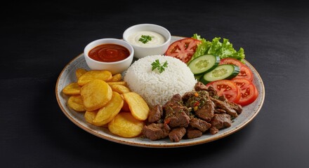 Delicious Beef and Rice Plate with Potatoes and Sauces