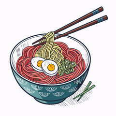 Create a bold vector illustration of a bowl brimming with refreshing Korean cold noodles, emphasizing the texture and vibrant colors.
